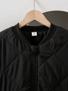 Teen Boys Loose Baseball Collar Casual Fashion Mesh Versatile Padded Coat, Suitable For Daily Wear, Autumn/Winter, Jacket, Black Jacket - Black - View 5