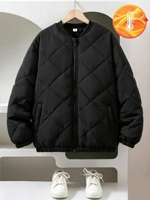 Teen Boys Loose Baseball Collar Casual Fashion Mesh Versatile Padded Coat, Suitable For Daily Wear, Autumn/Winter, Jacket, Black Jacket - Black - View 3
