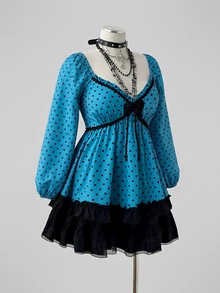 Sunspun Plus Polka Dot Print Lantern Sleeve Frill Trim Bow Front Babydoll Blouse - Multicolor - View 4