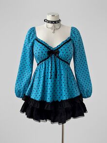 Sunspun Plus Polka Dot Print Lantern Sleeve Frill Trim Bow Front Babydoll Blouse - Multicolor - View 6