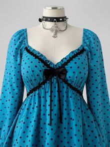 Sunspun Plus Polka Dot Print Lantern Sleeve Frill Trim Bow Front Babydoll Blouse - Multicolor - View 8