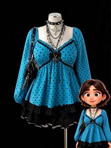 Sunspun Plus Polka Dot Print Lantern Sleeve Frill Trim Bow Front Babydoll Blouse - Multicolor - View 1