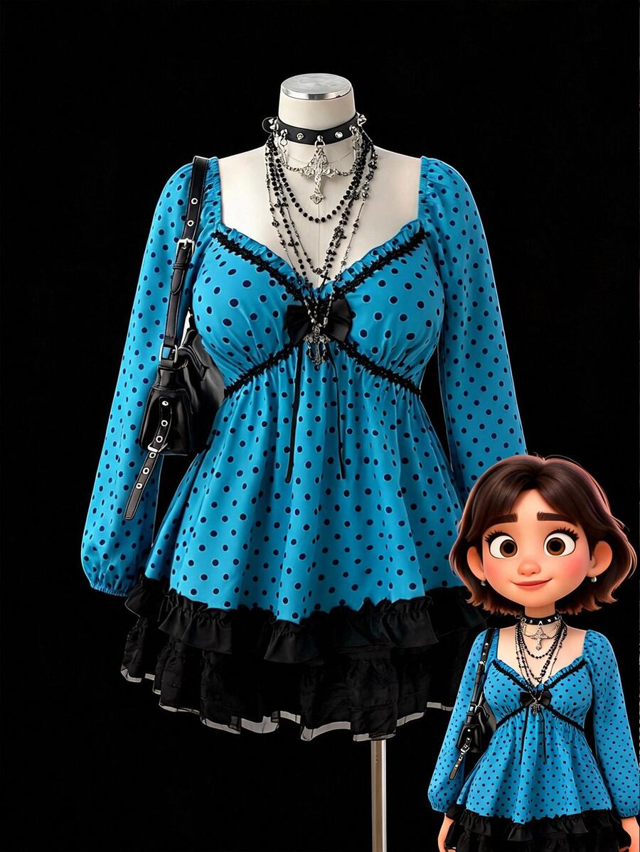 Sunspun Plus Polka Dot Print Lantern Sleeve Frill Trim Bow Front Babydoll Blouse - Multicolor - View 1