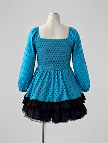 Sunspun Plus Polka Dot Print Lantern Sleeve Frill Trim Bow Front Babydoll Blouse - Multicolor - View 2