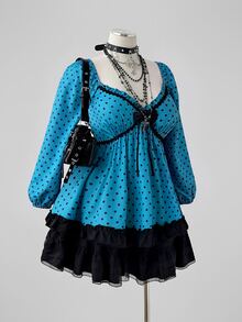 Sunspun Plus Polka Dot Print Lantern Sleeve Frill Trim Bow Front Babydoll Blouse - Multicolor - View 5