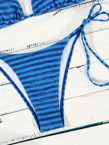 Swim Mod 女款海軍藍條紋比基尼，夏季休閒海灘派對度假兩件式泳衣，側綁帶掛脖設計，甜美可愛曬黑泳裝 - 藍色 - 查看 6