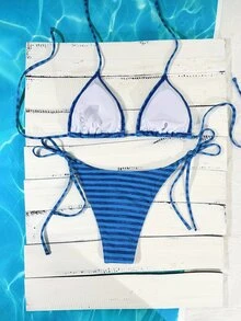 Swim Mod 女款海軍藍條紋比基尼，夏季休閒海灘派對度假兩件式泳衣，側綁帶掛脖設計，甜美可愛曬黑泳裝 - 藍色 - 查看 4