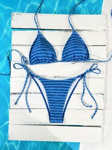 Swim Mod 女款海軍藍條紋比基尼，夏季休閒海灘派對度假兩件式泳衣，側綁帶掛脖設計，甜美可愛曬黑泳裝 - 藍色 - 查看 2