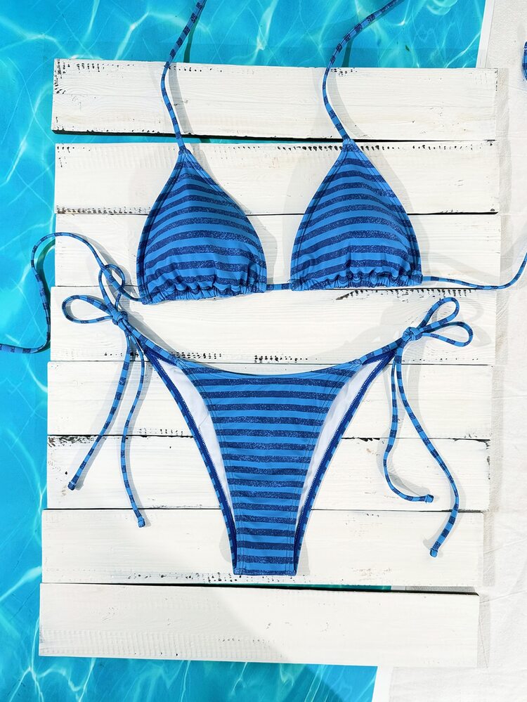 Swim Mod Women's Navy Blue Striped Bikini, Summer Casual Beach Party Holiday Vacation Two Pieces Swimwear Side Tie Halter Neck Sweet Cute Tanning Swimwear - Blue - View 2