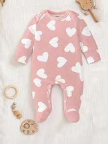 SHEIN Newborn Baby Purple Polka Dot Heart Floral Print Round Neck Long Sleeve Footed Jumpsuit Pajamas Casual Western Autumn Nursery Sleep Home - Multicolor - View 9