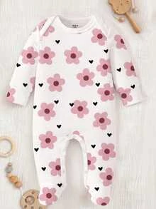 SHEIN Newborn Baby Purple Polka Dot Heart Floral Print Round Neck Long Sleeve Footed Jumpsuit Pajamas Casual Western Autumn Nursery Sleep Home - Multicolor - View 7