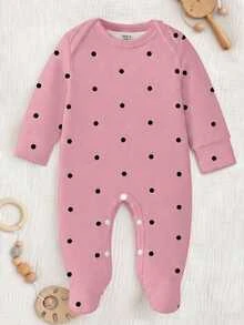 SHEIN Newborn Baby Purple Polka Dot Heart Floral Print Round Neck Long Sleeve Footed Jumpsuit Pajamas Casual Western Autumn Nursery Sleep Home - Multicolor - View 8