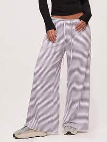 SHEIN BASICS 女款休閒 Y2K 針織粉色與白色條紋低腰寬鬆寬腿拖地長褲，秋季居家休閒服 - 粉色 - 查看 7