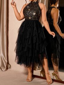 Cravure Plus Size Women's Sequin Patchwork Sleeveless Party Dress, Elegant For Parties - Multicolor - View 4