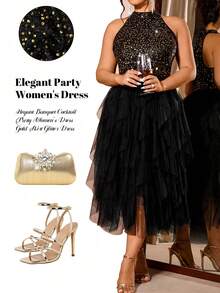 Cravure Plus Size Women's Sequin Patchwork Sleeveless Party Dress, Elegant For Parties - Multicolor - View 1
