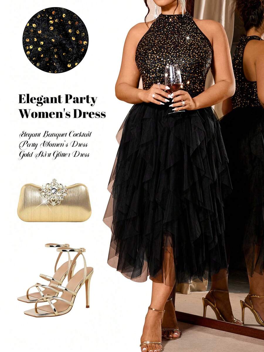 Cravure Plus Size Women's Sequin Patchwork Sleeveless Party Dress, Elegant For Parties - Multicolor - View 1