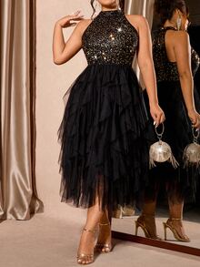 Cravure Plus Size Women's Sequin Patchwork Sleeveless Party Dress, Elegant For Parties - Multicolor - View 7