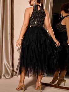 Cravure Plus Size Women's Sequin Patchwork Sleeveless Party Dress, Elegant For Parties - Multicolor - View 2