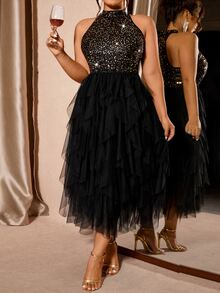 Cravure Plus Size Women's Sequin Patchwork Sleeveless Party Dress, Elegant For Parties - Multicolor - View 6