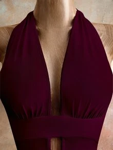 Mistrie 女士纯色深V领褶皱性感吊带连衣裙 - 酒紅色 - 查看 4
