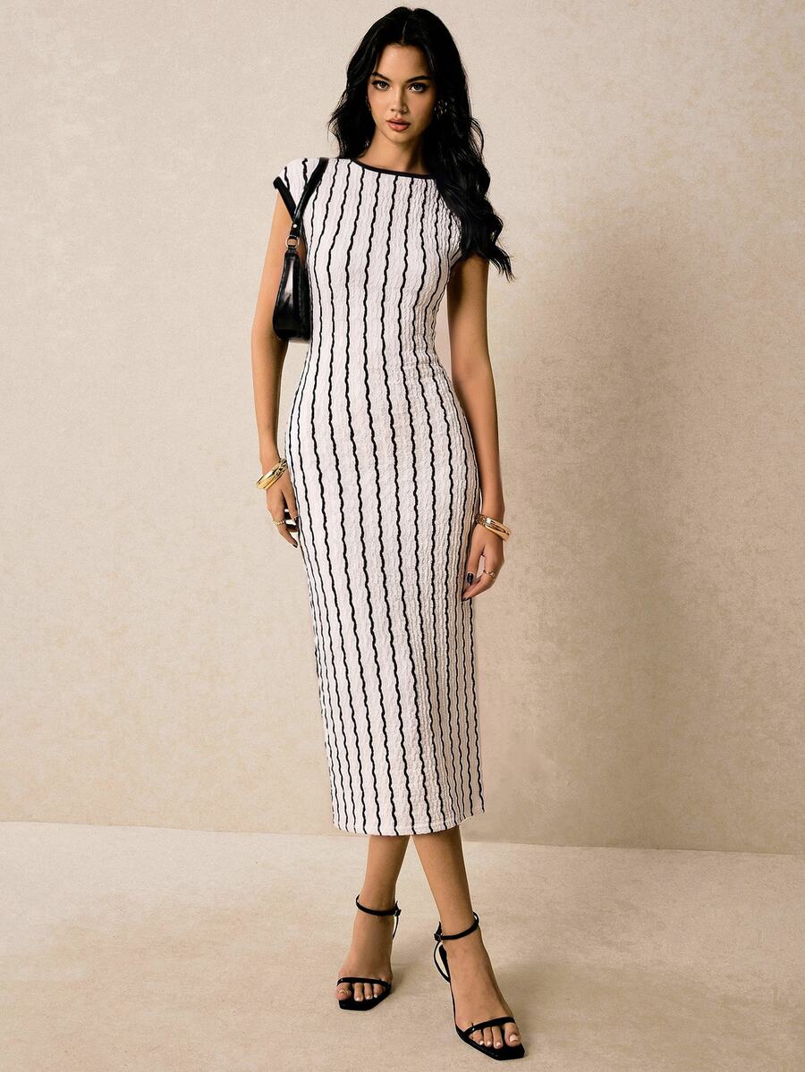 Poéselle 女款優雅法式黑白針織緊身中長洋裝,無袖修身彈性夏季休閒復古風,適合外出、辦公室與早午餐 - 白色 - 查看 1