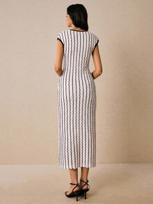 Poéselle 女款優雅法式黑白針織緊身中長洋裝，無袖修身彈性夏季休閒復古風，適合外出、辦公室與早午餐 - 白色 - 查看 6