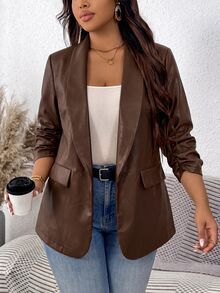 Easowa Curve Plus Size Elegant Elegant Curve Casual Commuter Solid Color Shawl Collar Blazer Office Evening Formal Brown Summer - Brown - View 6
