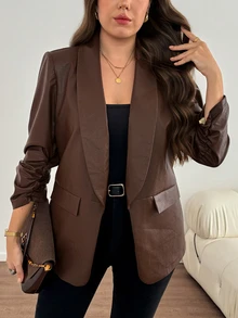 Easowa Curve Plus Size Elegant Elegant Curve Casual Commuter Solid Color Shawl Collar Blazer Office Evening Formal Brown Summer - Brown - View 3