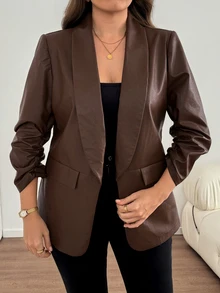 Easowa Curve Plus Size Elegant Elegant Curve Casual Commuter Solid Color Shawl Collar Blazer Office Evening Formal Brown Summer - Brown - View 4