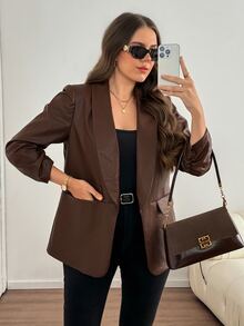 Easowa Curve Plus Size Elegant Elegant Curve Casual Commuter Solid Color Shawl Collar Blazer Office Evening Formal Brown Summer - Brown - View 1