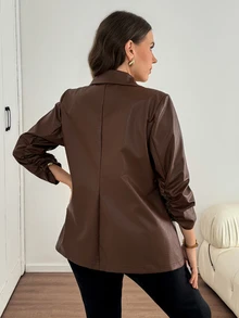Easowa Curve Plus Size Elegant Elegant Curve Casual Commuter Solid Color Shawl Collar Blazer Office Evening Formal Brown Summer - Brown - View 2