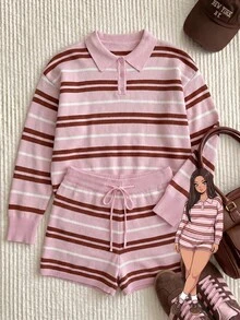 Comfortcana Vår/sommar färgglad randig avslappnad långärmad tröja och shorts i stickat 2-delat set, mångsidig plus size vinter - Rosa - Visa 3