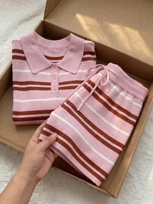 Comfortcana Vår/sommar färgglad randig avslappnad långärmad tröja och shorts i stickat 2-delat set, mångsidig plus size vinter - Rosa - Visa 8