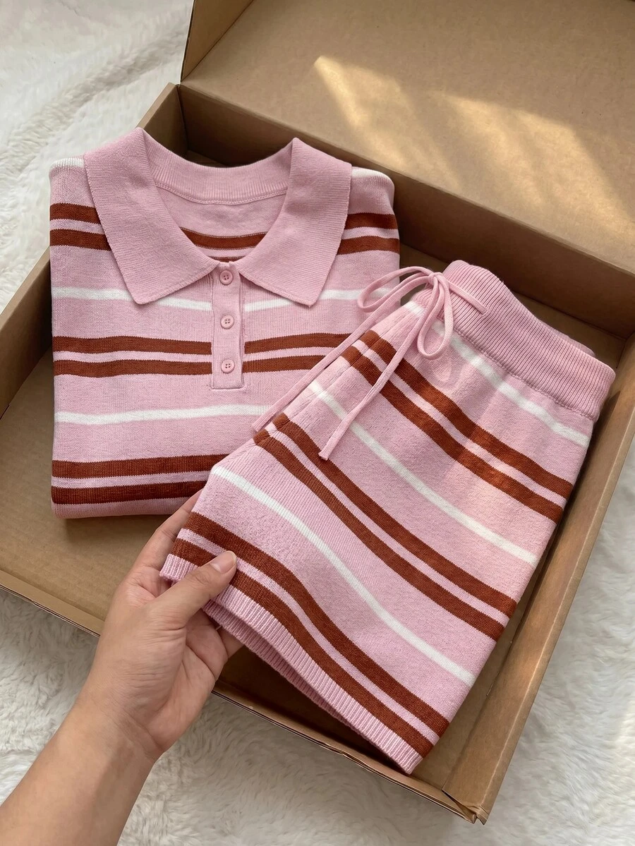 Comfortcana Spring/Summer Colorful Striped Casual Long Sleeve Sweater And Shorts Knit 2 Pieces Set, Versatile Plus Size Winter - Pink - View 1