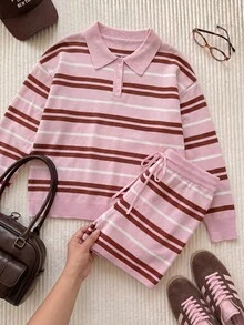 Comfortcana Vår/sommar färgglad randig avslappnad långärmad tröja och shorts i stickat 2-delat set, mångsidig plus size vinter - Rosa - Visa 5