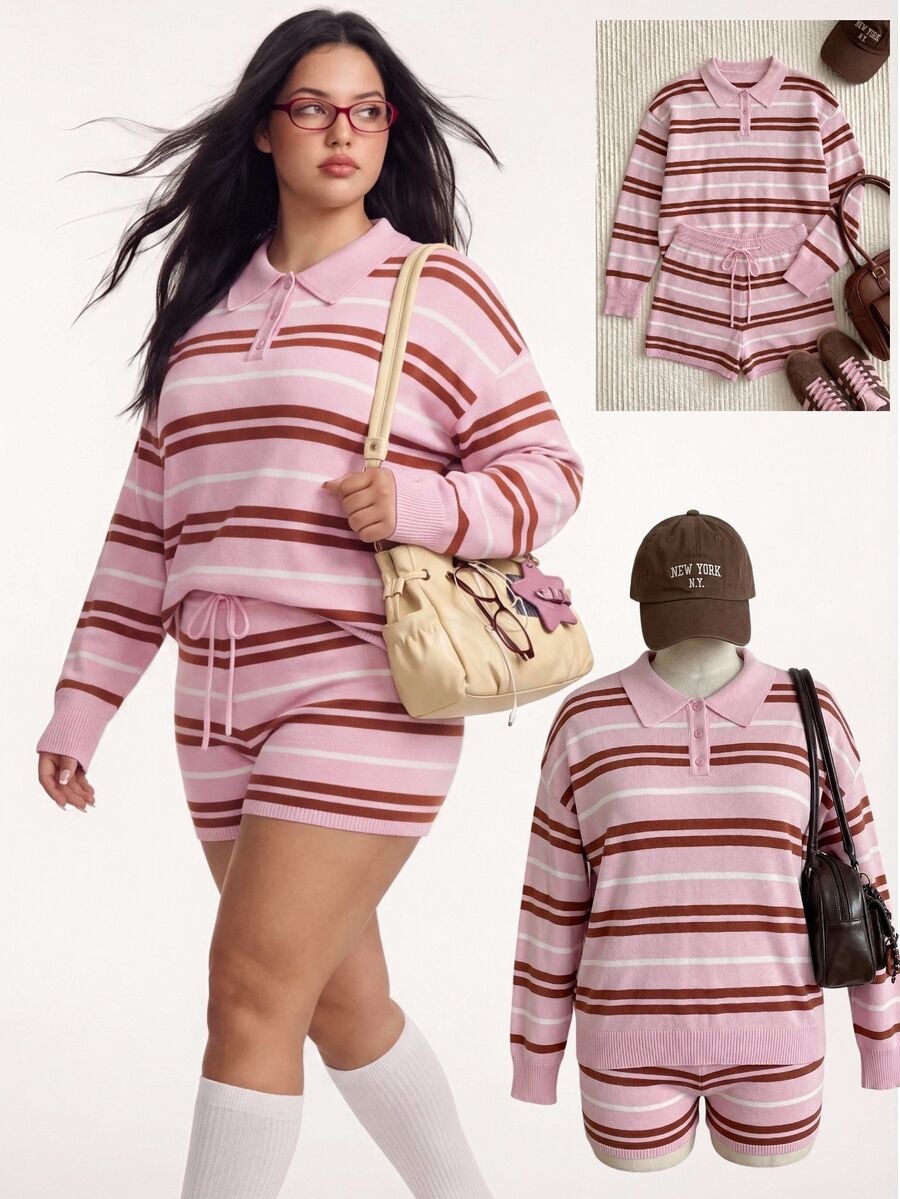 Comfortcana Vår/sommar färgglad randig avslappnad långärmad tröja och shorts i stickat 2-delat set, mångsidig plus size vinter - Rosa - Visa 1