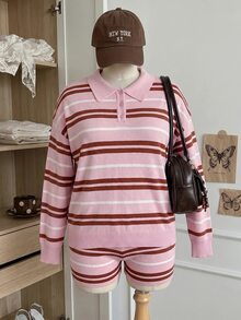 Comfortcana Vår/sommar färgglad randig avslappnad långärmad tröja och shorts i stickat 2-delat set, mångsidig plus size vinter - Rosa - Visa 4