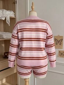 Comfortcana Vår/sommar färgglad randig avslappnad långärmad tröja och shorts i stickat 2-delat set, mångsidig plus size vinter - Rosa - Visa 6