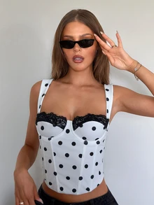 Firerie Women's Elegant Sexy Polka Dot Bustier Top, White And Black Polka Dot For Summer, Suitable For Dating, Gathering, Slim Fit With Waist Cinching, Party - Black and White - View 5
