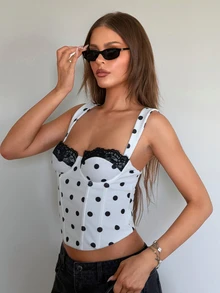 Firerie Women's Elegant Sexy Polka Dot Bustier Top, White And Black Polka Dot For Summer, Suitable For Dating, Gathering, Slim Fit With Waist Cinching, Party - Black and White - View 6
