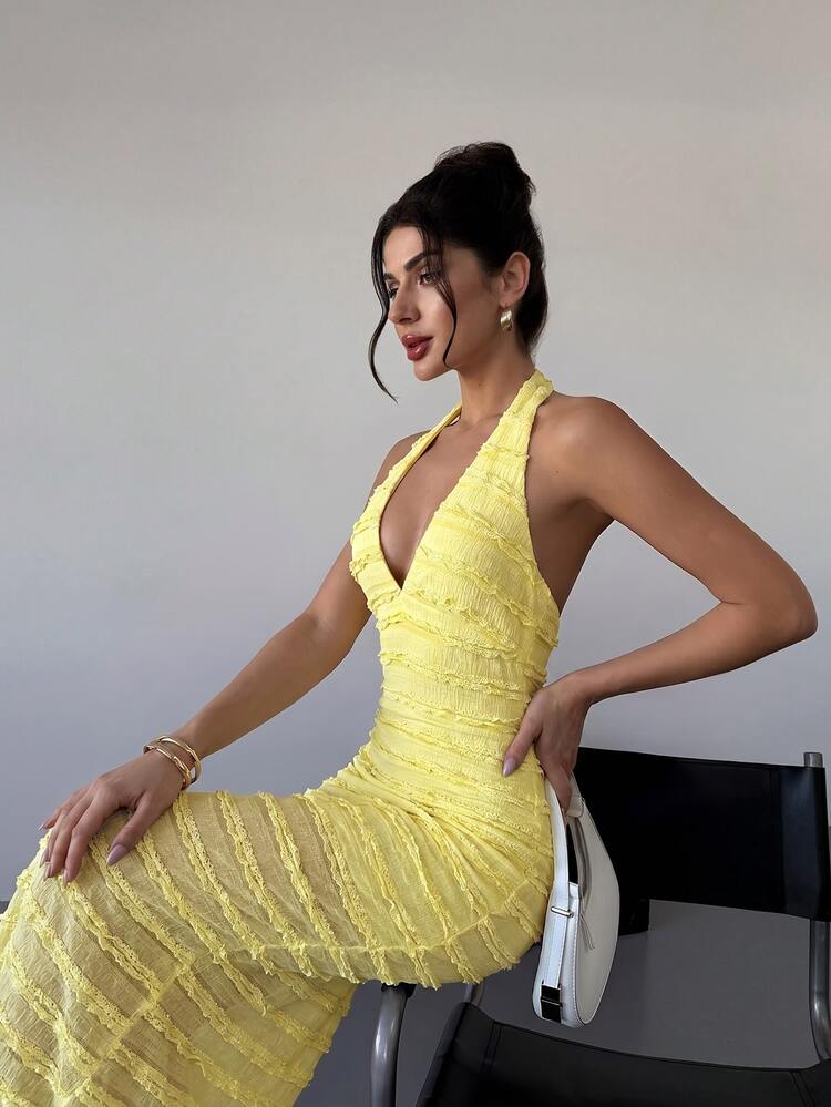 Firerie Valentine's Day Spring/Summer Minimalist Sexy Elegant Romantic Date Brunch Club Vacation Halter V-Neck Pale Yellow Textured Fabric Slimming Long Dress - Yellow - View 8