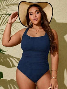 Swim Lushoire Plus Size One-Piece Wide Ribbed Fabric Ruched Belly Black Scoop Neck Swimsuit, Suitable For Summer Vacation And Beach - Navy Blue - View 5