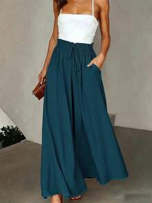 SHEIN Women's Casual Commuter Solid Color Wide Leg Long Pants - Teal Blue - View 1