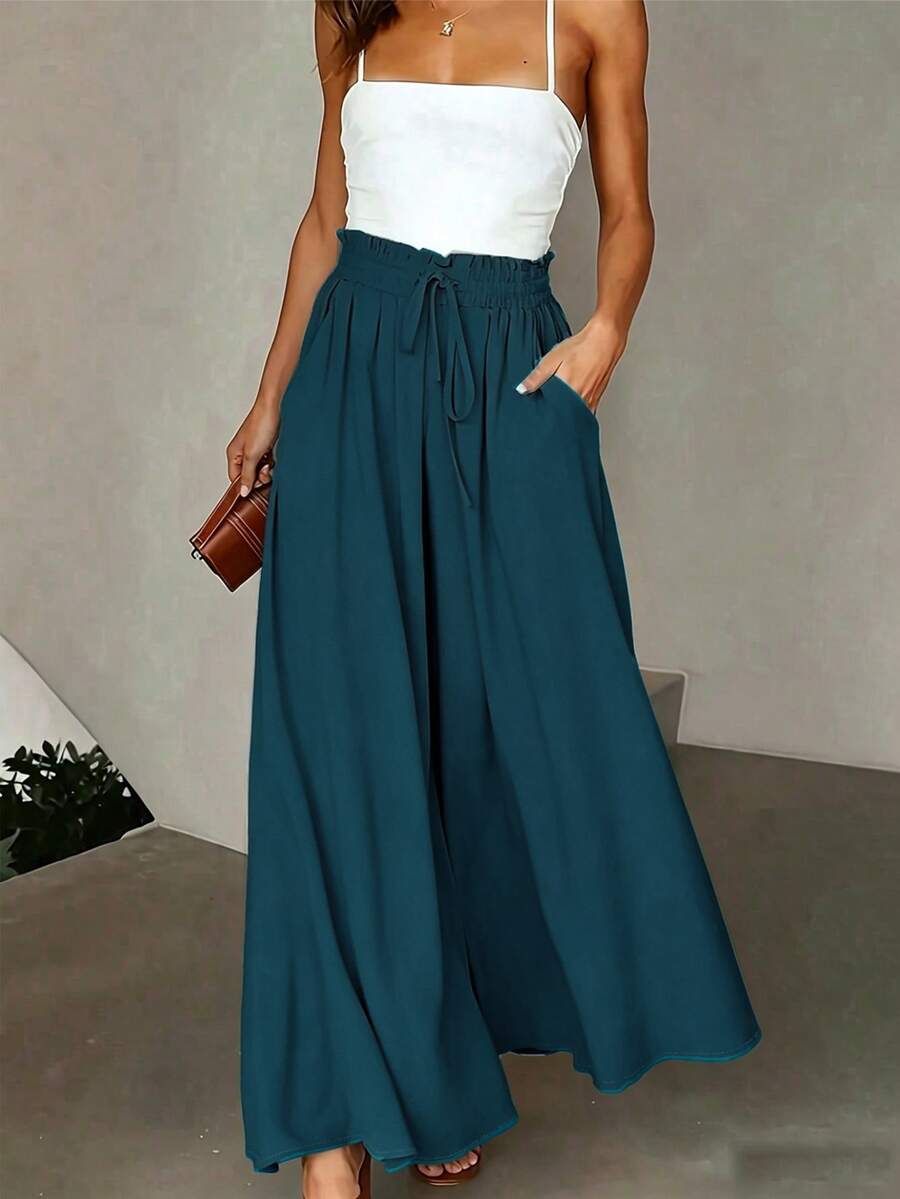 SHEIN Women's Casual Commuter Solid Color Wide Leg Long Pants - Teal Blue - View 1