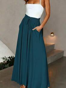SHEIN Women's Casual Commuter Solid Color Wide Leg Long Pants - Teal Blue - View 3