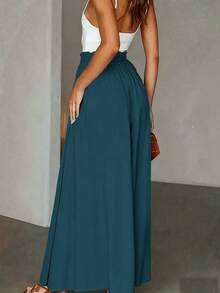 SHEIN Women's Casual Commuter Solid Color Wide Leg Long Pants - Teal Blue - View 4