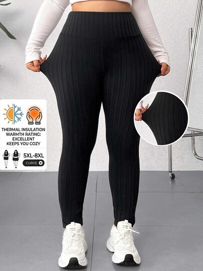 SHEIN CURVE+ 女款大尺碼休閒百搭高腰黑色緊身褲，秋季