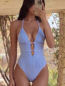 SHEIN Swim Swim Mod 女款優雅性感波西米亞風海灘派對度假風連身泳衣－藍白條紋花卉印花掛脖式比基尼，附海星飾墜 - 藍白色 - 查看 3