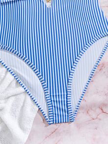 SHEIN Swim Swim Mod 女款優雅性感波西米亞風海灘派對度假風連身泳衣－藍白條紋花卉印花掛脖式比基尼，附海星飾墜 - 藍白色 - 查看 8