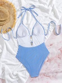 SHEIN Swim Swim Mod 女款優雅性感波西米亞風海灘派對度假風連身泳衣－藍白條紋花卉印花掛脖式比基尼，附海星飾墜 - 藍白色 - 查看 6
